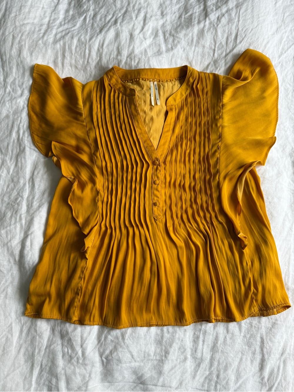Anthropologie Mustard Pintuck Flutter Sleeve Blouse